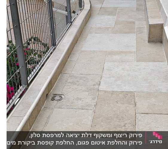 מרפסת מרוצפת עם צמח בעציץ וגדר מתכת
